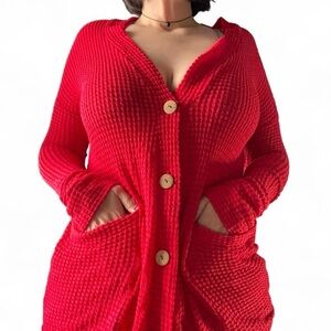 Red Waffleknit Button Up Cardigan